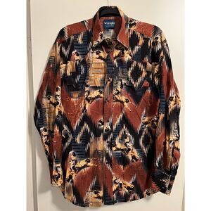 Wrangler Western Shirt Men’s Vintage Cowboy PBR aop Snap Up Button Up Size Large